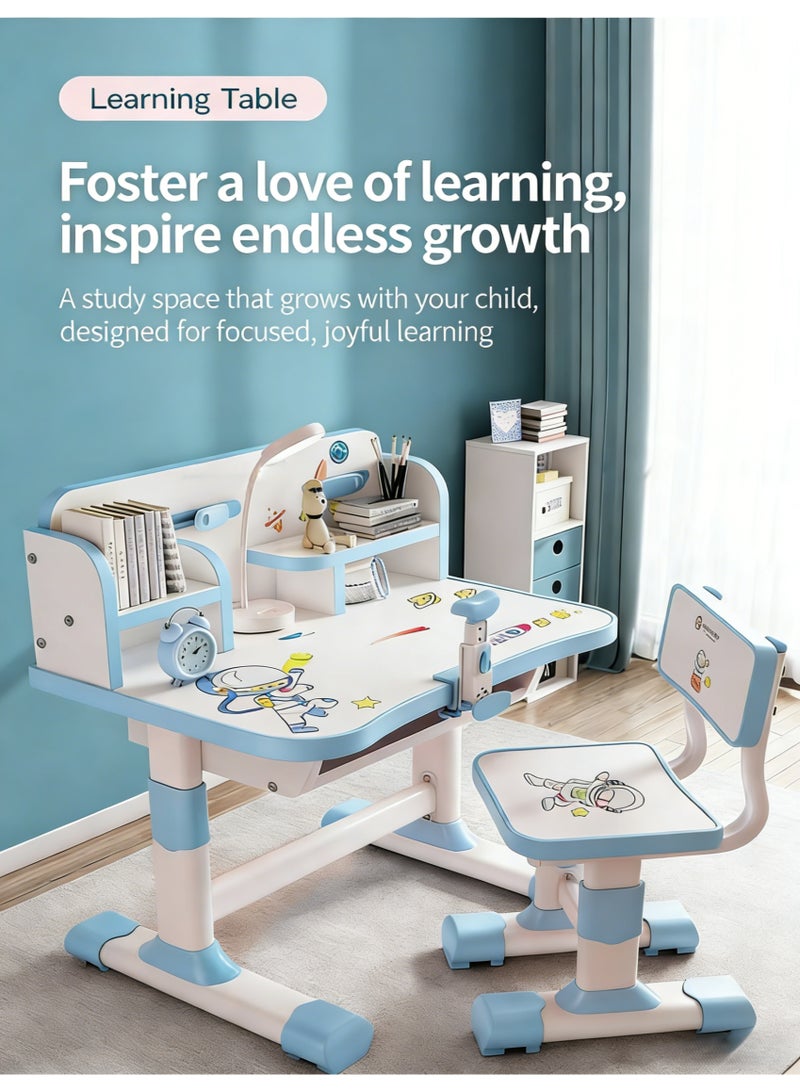 هيكوموني مجموعة طاولة وكرسي للأطفال الموسعة ، مكتب نشاط دراسة القراءة للأطفال متعدد الوظائف ، كراسي الأطفال الصغار المريحة ، مع درج التخزين ، رف الكتب ، رفوف مزدوجة ، لدراسة كتابة طلاب المدرسة - Image 1